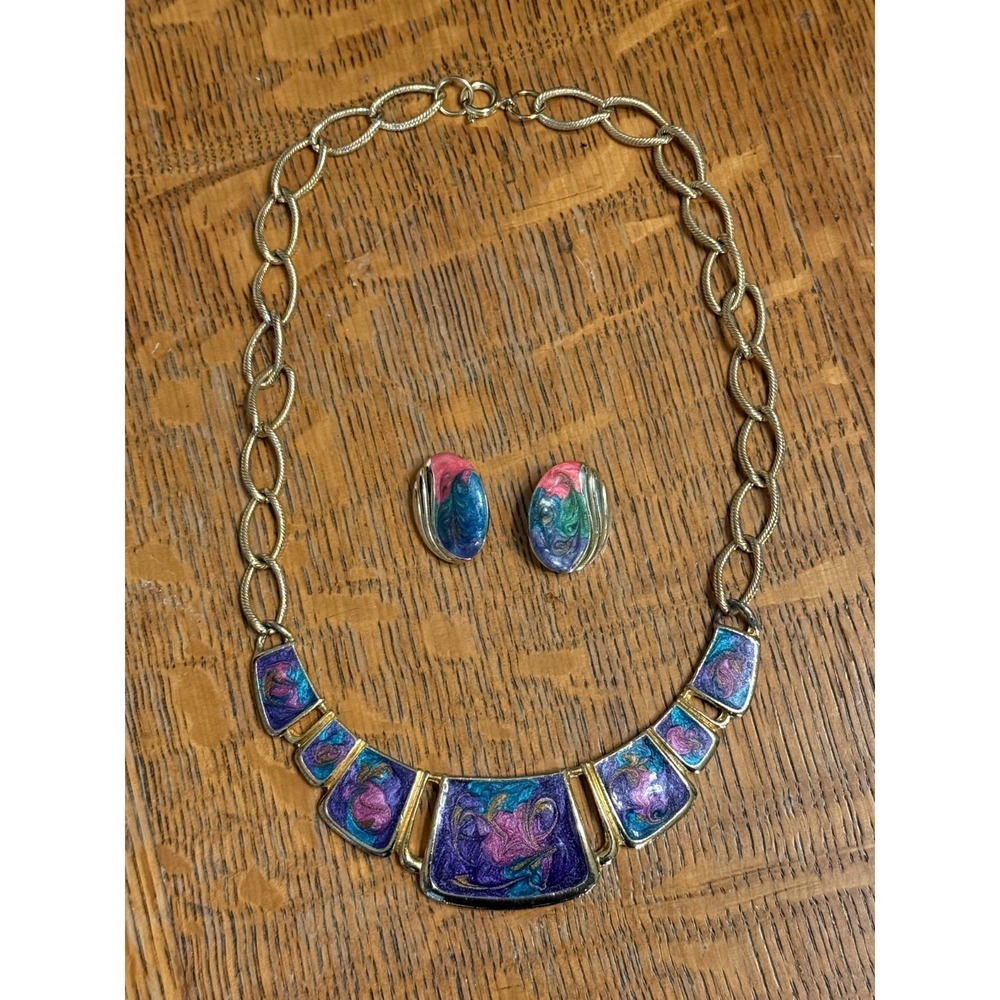 Vintage 80s Statement Tie Dye Necklace And Matching Earrings‎ Gold Tone Rainbow